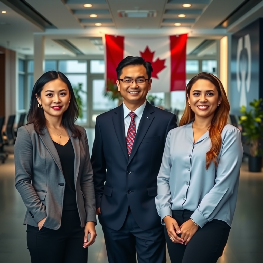 Professional group photo of Meridian Tech executive leadership team including Sarah Chen CEO, Michael Thompson COO, and Jennifer Martinez CTO standing together in modern office setting with Canadian flag visible in background