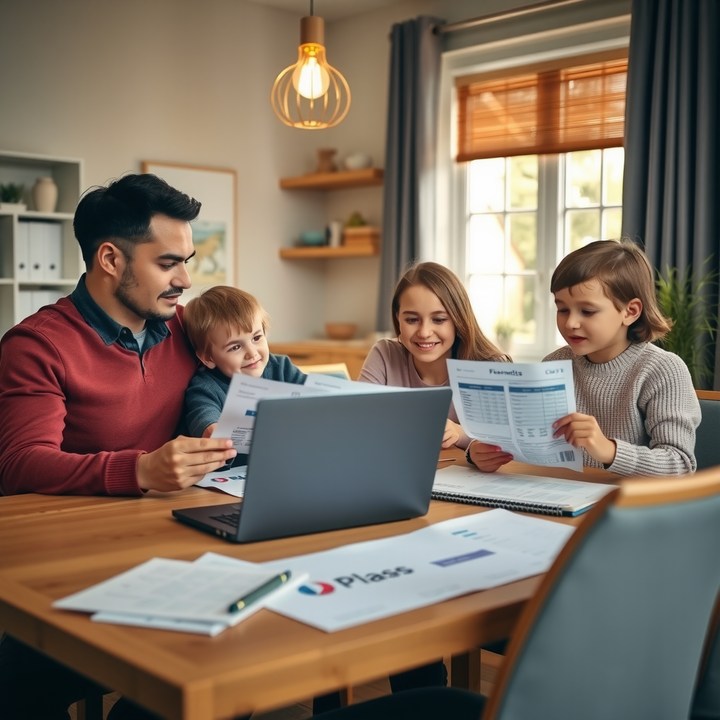 A Canadian family of four sitting together at their dining room table reviewing financial documents and statements, with a laptop open showing banking information, warm natural lighting from window, modern home interior, parents and two children engaged in financial planning discussion