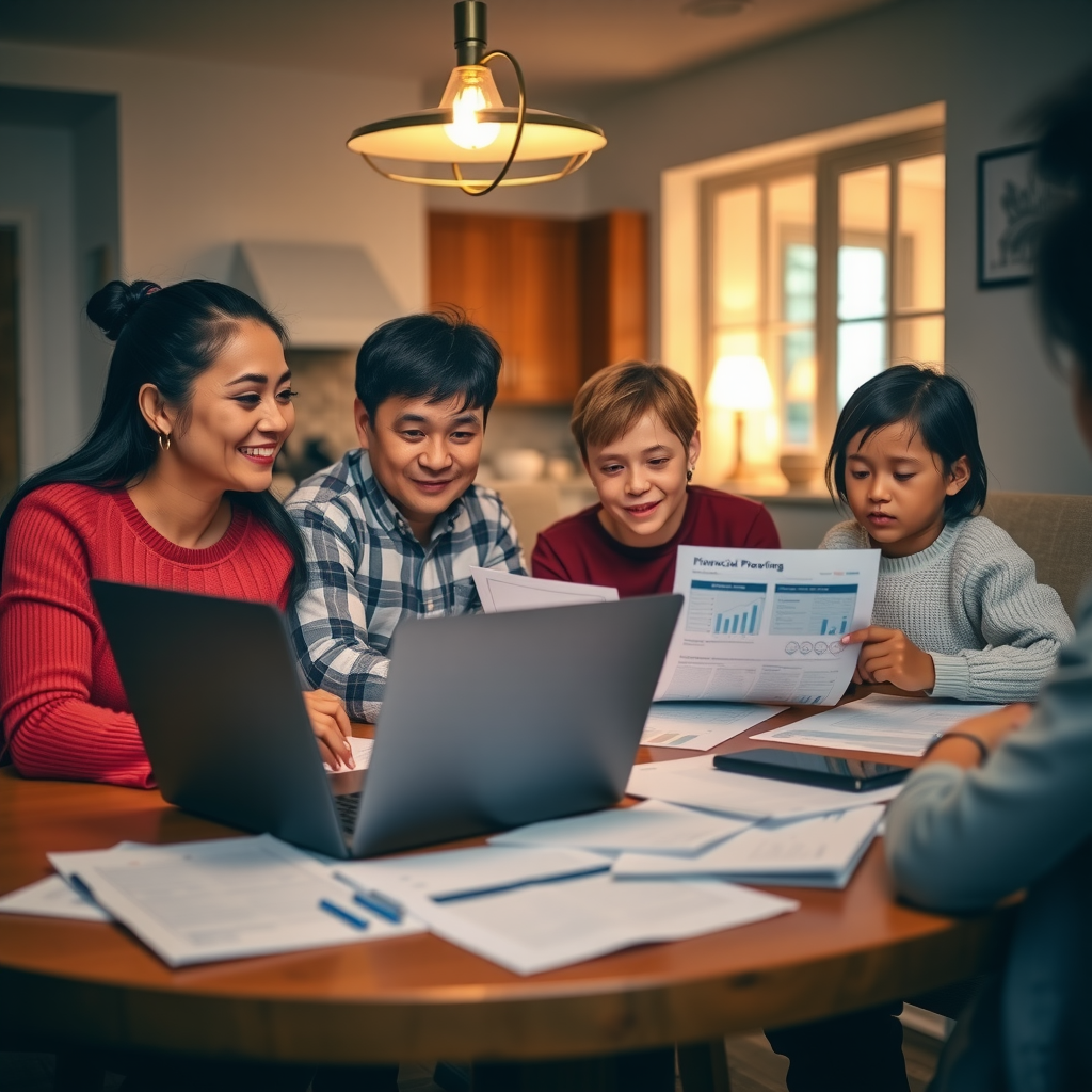 A Canadian family of four sitting together at a dining table reviewing financial documents and statements, with a laptop open showing financial planning tools, warm home interior lighting, parents and two children engaged in discussion about household finances