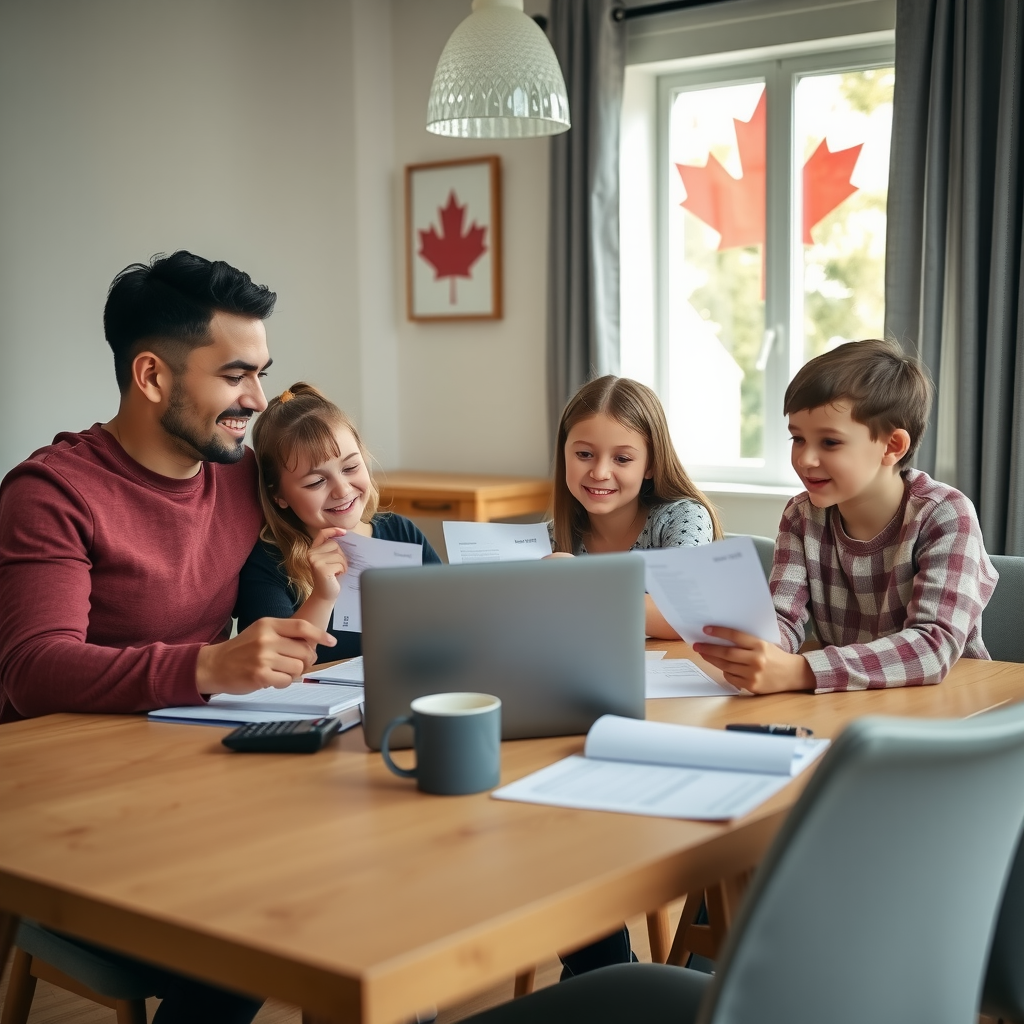 A diverse Canadian family of four sitting together at their dining room table, reviewing financial documents and using a laptop. Natural lighting from a window illuminates the scene. The parents are in their mid-30s, with two children aged 8-12. Documents, calculator, and coffee mugs are visible on the table. The atmosphere is collaborative and positive, showing engaged discussion about household finances. Modern Canadian home interior with maple leaf artwork visible in background.