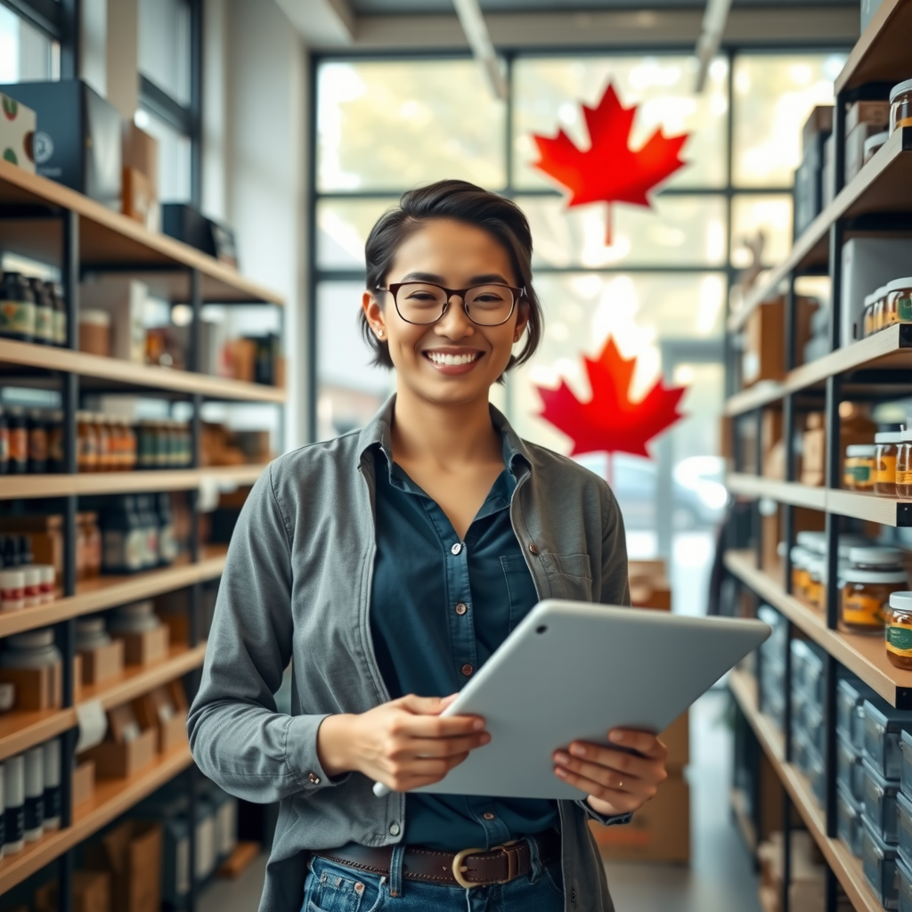 Confident Canadian small business owner standing in their modern retail shop, surrounded by products on wooden shelves, natural lighting from large windows, wearing professional casual attire, smiling while reviewing business documents on a tablet, maple leaf decor visible in background