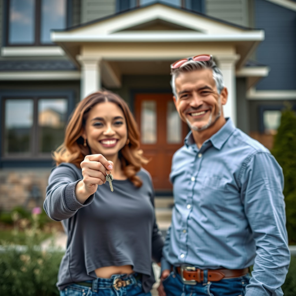 Happy Canadian couple holding house keys in front of their new home, smiling with excitement and relief after successfully completing their home financing journey