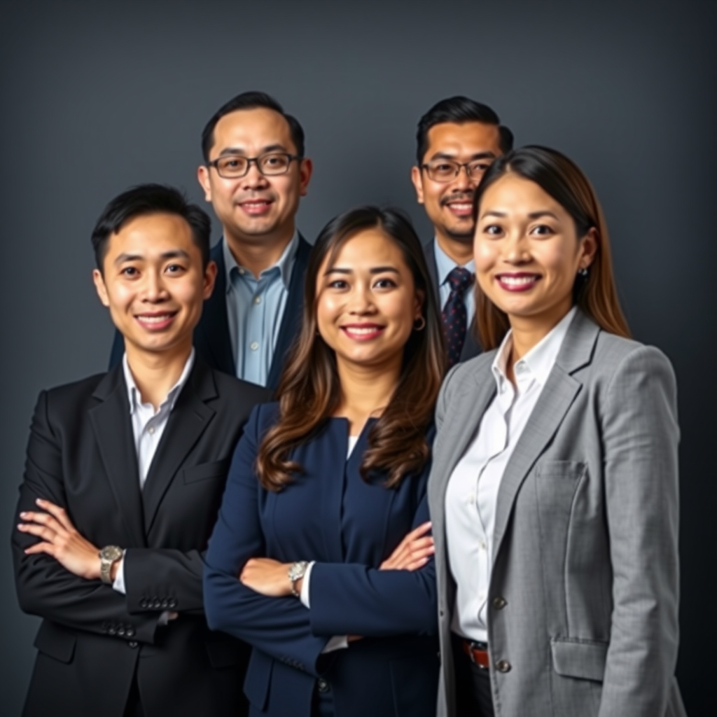 Group portrait of Meridian Tech financial services specialists including David Park CFP, Amanda Foster business banking expert, Robert Singh digital banking specialist, and Lisa Chen newcomer services advisor in professional business attire