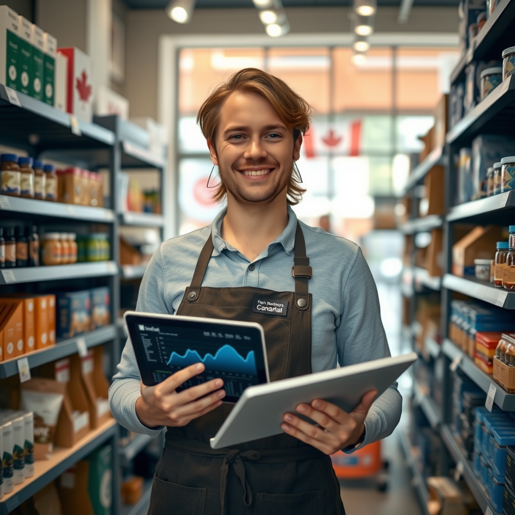 A confident Canadian small business owner standing in their retail shop, surrounded by products on shelves, wearing an apron, holding a tablet showing business analytics, bright natural lighting through storefront windows, welcoming atmosphere
