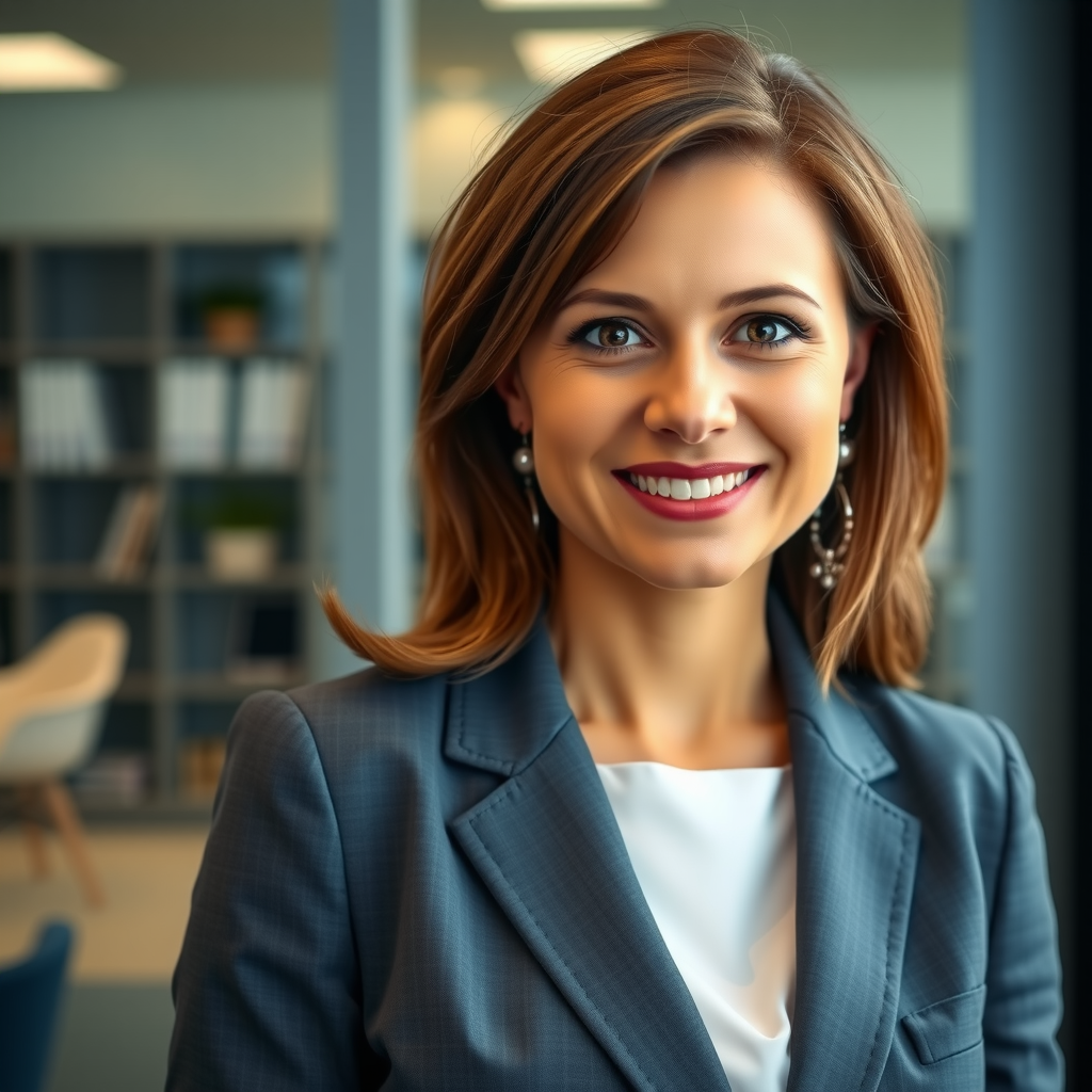 Professional portrait of Amanda Foster, a business banking specialist with shoulder-length brown hair, wearing a charcoal grey blazer and white blouse, smiling confidently in a modern office setting