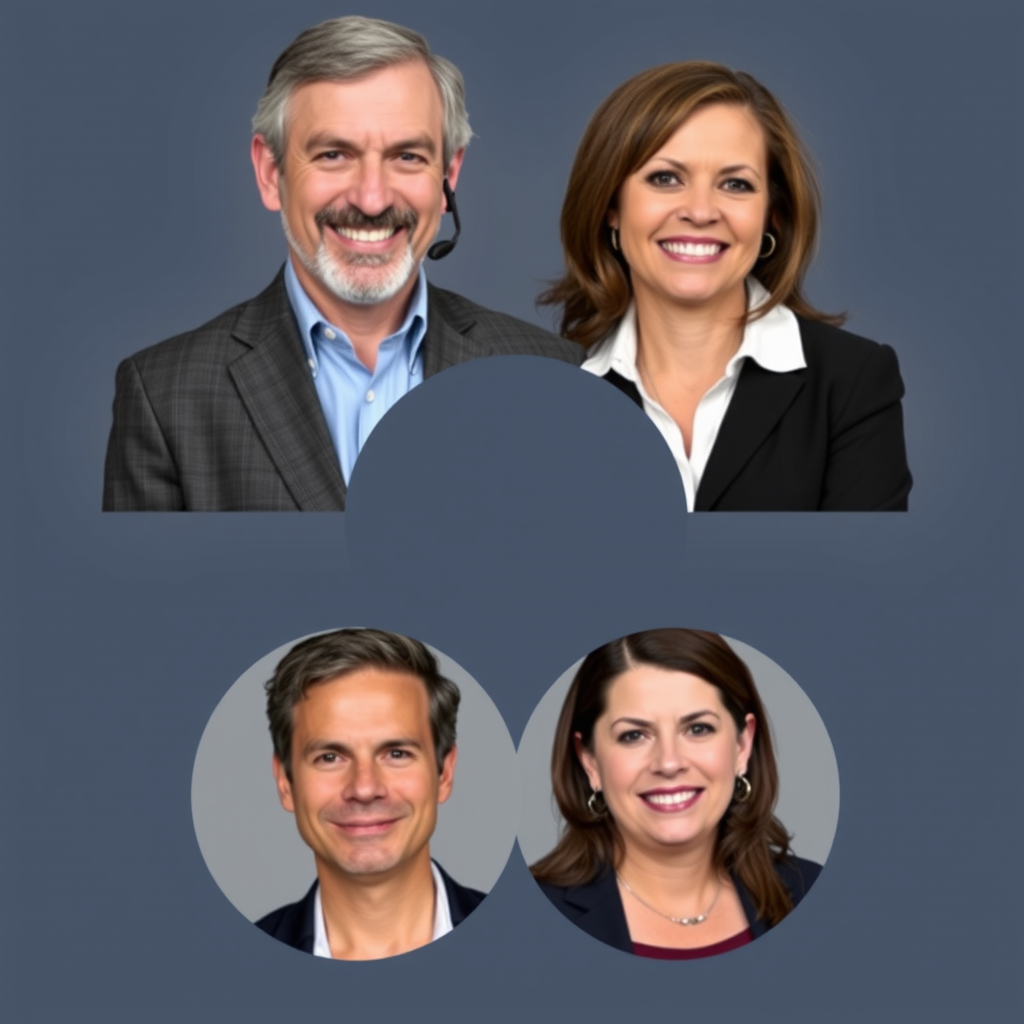 Professional headshots of Meridian Tech customer support and advisory team members James Wilson Senior Client Advisor, Patricia Lee account manager, Kevin Brown bilingual support lead, and Maria Rodriguez accessibility services specialist arranged in circular format