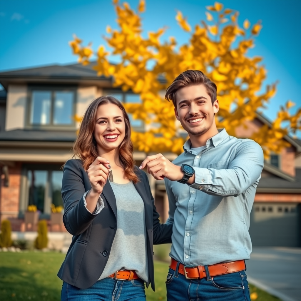 A joyful young Canadian couple standing in front of their new home, holding house keys together, smiling broadly, modern suburban house in background, autumn leaves on trees, clear blue sky, celebrating homeownership milestone