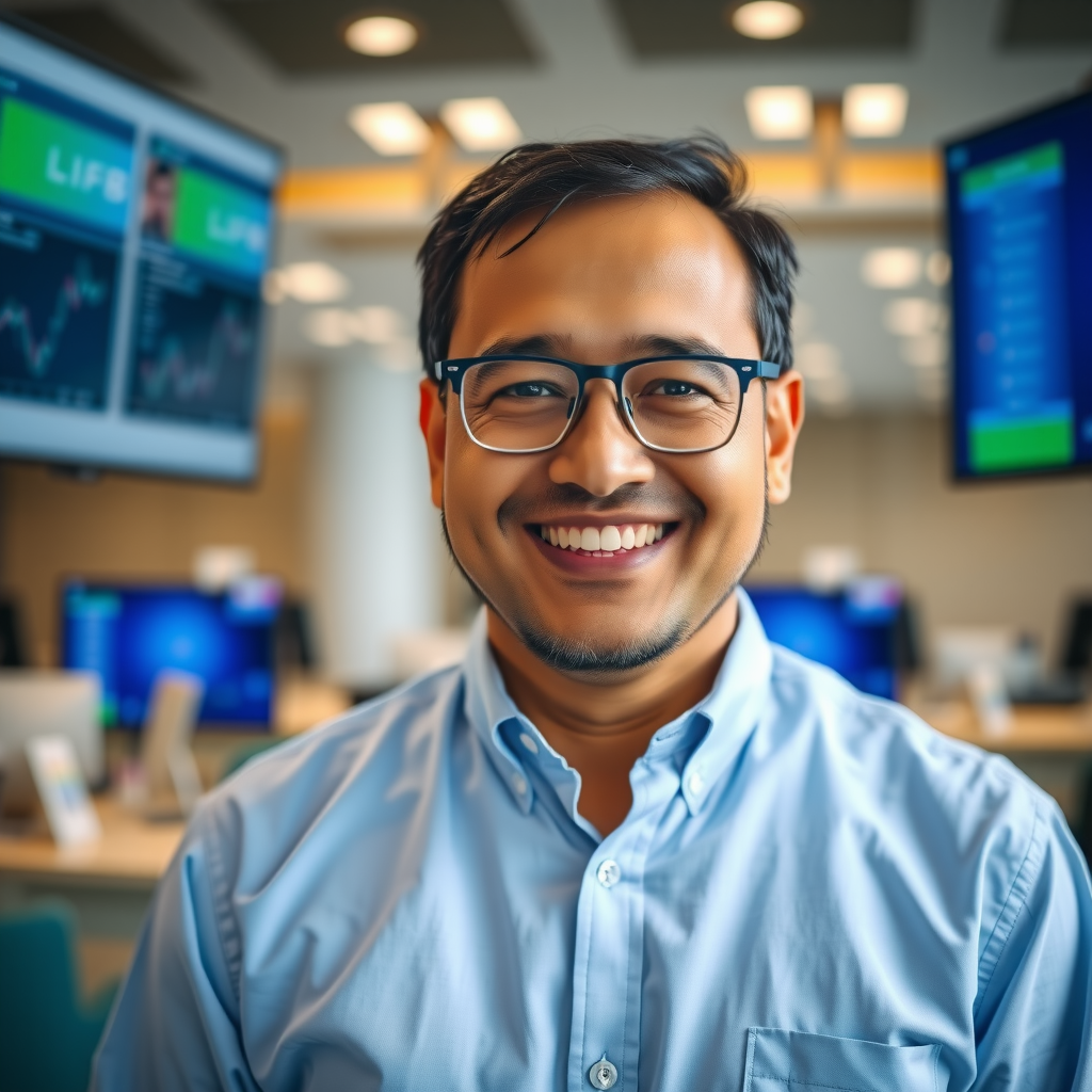 Friendly photograph of Robert Singh, a digital banking specialist with a warm smile, wearing glasses and a light blue dress shirt, photographed in a contemporary banking environment with digital screens in the background
