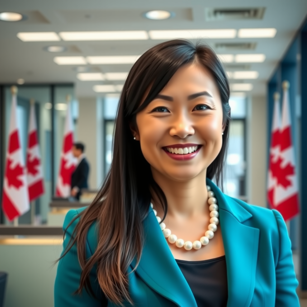 Welcoming portrait of Lisa Chen, a newcomer banking specialist with long dark hair, wearing a teal blazer and pearl necklace, smiling warmly in a bright, modern banking office with Canadian flags visible in the background